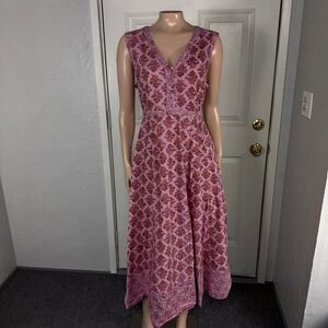 April Cornell Women's Dress Medium Maxi Cotton Floral bohemian Button Cottage Q7
